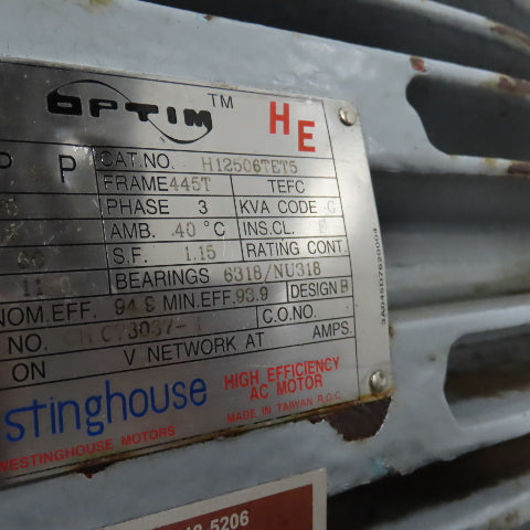 Westinghouse H12506TET5 125HP AC Electric Motor 1180RPM 575V 115A 3PH 445T Frame