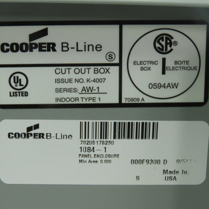 COOPER B-LINE 1084-1 10" x 8" x 4" Hinged Door Electrical Enclosure Type 1 NRW