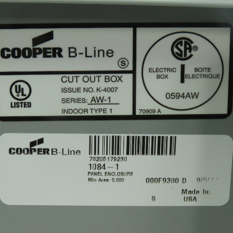 COOPER B-LINE 1084-1 10" x 8" x 4" Hinged Door Electrical Enclosure Type 1 NRW