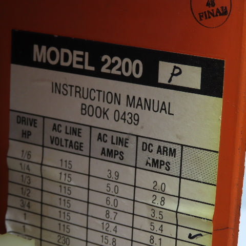 Fincor Incom 2200-P Regenerative DC Motor Control 115/230V Line 1/2Hp 200VDC MAX