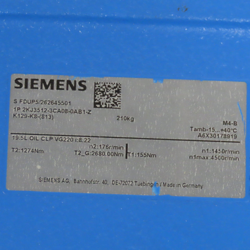 Siemens 1P 2KJ3512-3CA08-0AB1-Z Right Angle Gear Reducer 8.22:1 4500RPM Input