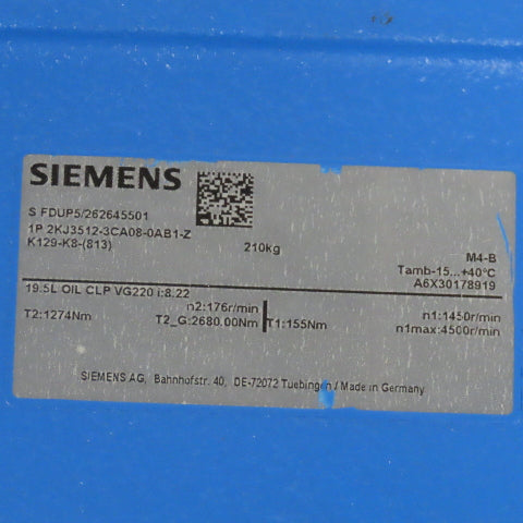 Siemens 1P 2KJ3512-3CA08-0AB1-Z Right Angle Gear Reducer 8.22:1 4500RPM Input
