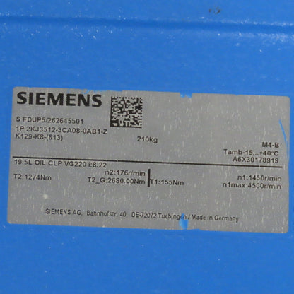 Siemens 1P 2KJ3512-3CA08-0AB1-Z Right Angle Gear Reducer 8.22:1 4500RPM Input