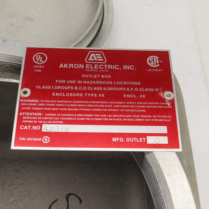 Akron XJATS8 Hazardous Location Explosion Proof Outlet Box 10" x 10" Type 4X NEW