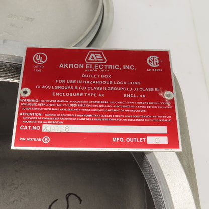 Akron XJATS8 Hazardous Location Explosion Proof Outlet Box 10" x 10" Type 4X NEW