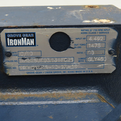 Grove Gear NH8260503.16 10:1 Ratio Right Angle Gear Reducer 1475Ft/Lbs.