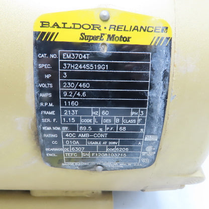 Baldor EM3704T 3HP Electric Motor 1160RPM 208-230/460V 3Ph 60HZ 213T Frame