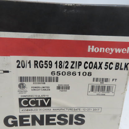 Honeywell 65' Genesis Coaxial Cable 20/1 RG59 18/2 Zip Coax 5C Black