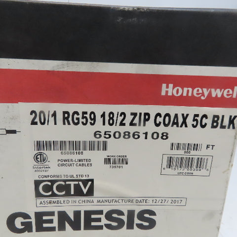 Honeywell 65' Genesis Coaxial Cable 20/1 RG59 18/2 Zip Coax 5C Black