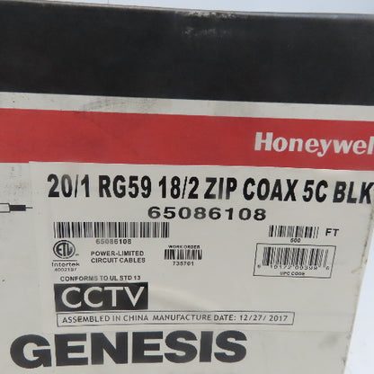 Honeywell 65' Genesis Coaxial Cable 20/1 RG59 18/2 Zip Coax 5C Black