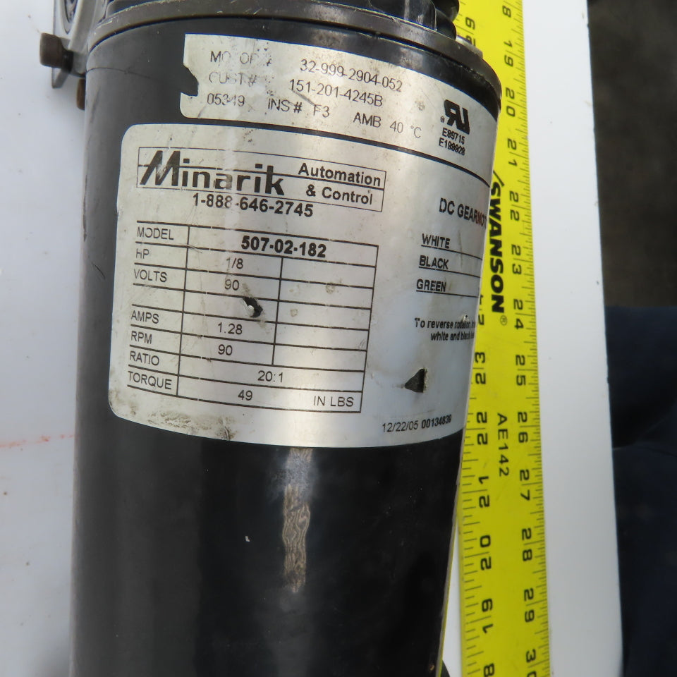 Minarik 507-02-182 20:1 Ratio Right Hand Gear Motor 90VDC 1/8HP 90RPM Out