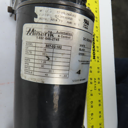 Minarik 507-02-182 20:1 Ratio Right Hand Gear Motor 90VDC 1/8HP 90RPM Out