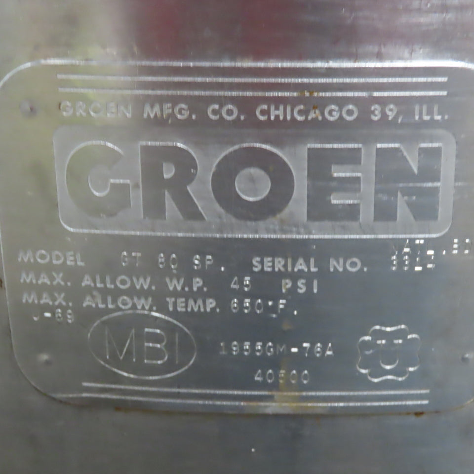Groen GT80SP 80 Gallon Stainless Steel Direct Steam Jacket Kettle No Lid