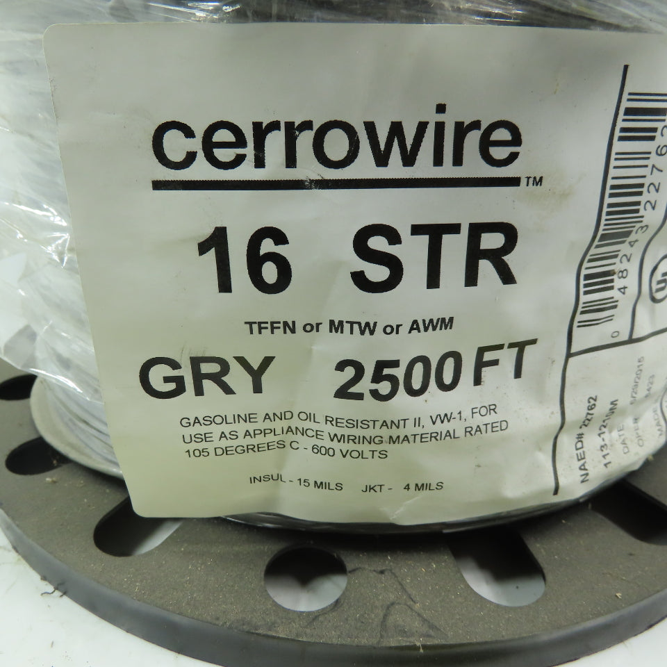 Cerrowire Gray TFFN or MTW- or AWM 16 AWG Stranded Copper Wire 600V 2500'