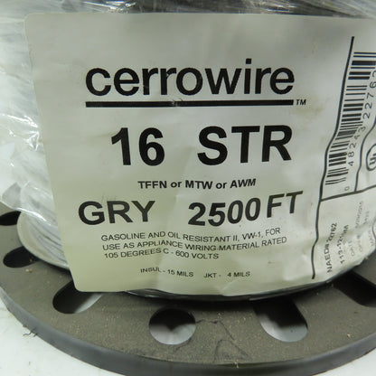 Cerrowire Gray TFFN or MTW- or AWM 16 AWG Stranded Copper Wire 600V 2500'