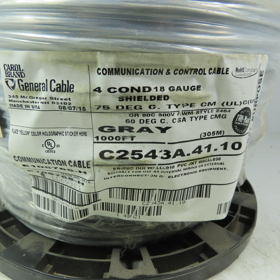 Carol C2543A.41.10 Gray Shielded 4 Conductor Communication Cable 18AWG 1000'