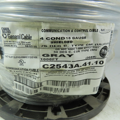 Carol C2543A.41.10 Gray Shielded 4 Conductor Communication Cable 18AWG 1000'