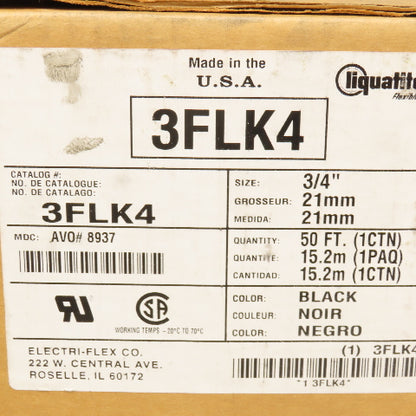 Electri-Flex Liquatite 3FLK4 3/4" Black Nonmetallic Liquid Tight Conduit 45'