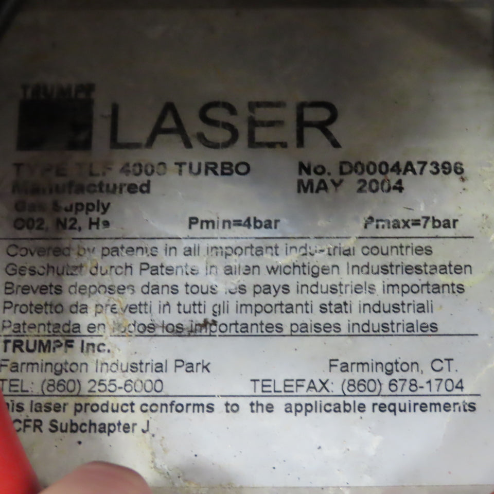 Trumpf TLF 4000 Turbo CO2 Laser Resonator Pathway Missing Tunnel