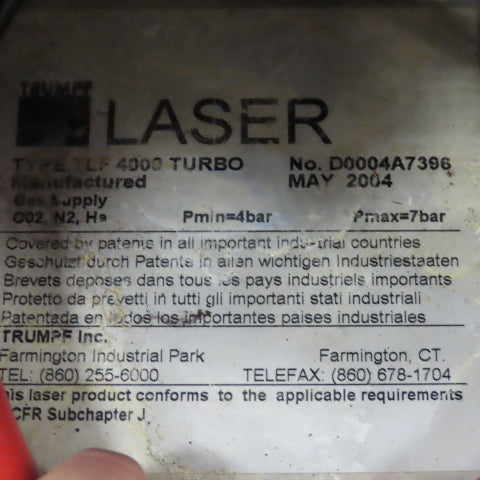 Trumpf TLF 4000 Turbo CO2 Laser Resonator Pathway Missing Tunnel