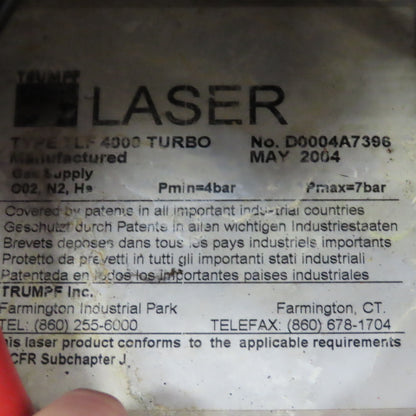 Trumpf TLF 4000 Turbo CO2 Laser Resonator Pathway Missing Tunnel