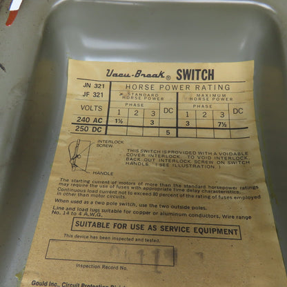 Gould JF321 30A 240V 3Ph Fused Safety Switch Disconnect