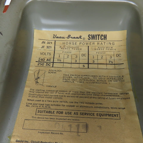 Gould JF321 30A 240V 3Ph Fused Safety Switch Disconnect