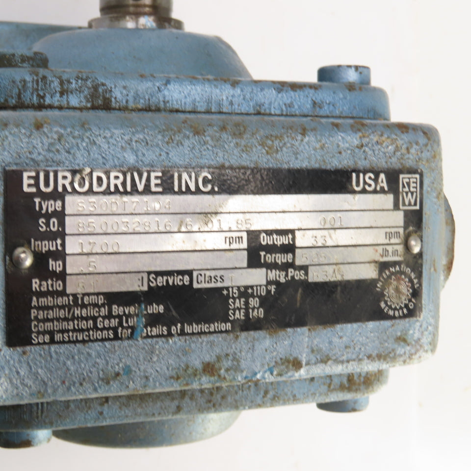 Eurodrive S30DT71D4 51:1 Ratio Left Hand Gear Reducer 33RPM Out 230/460V 3PH