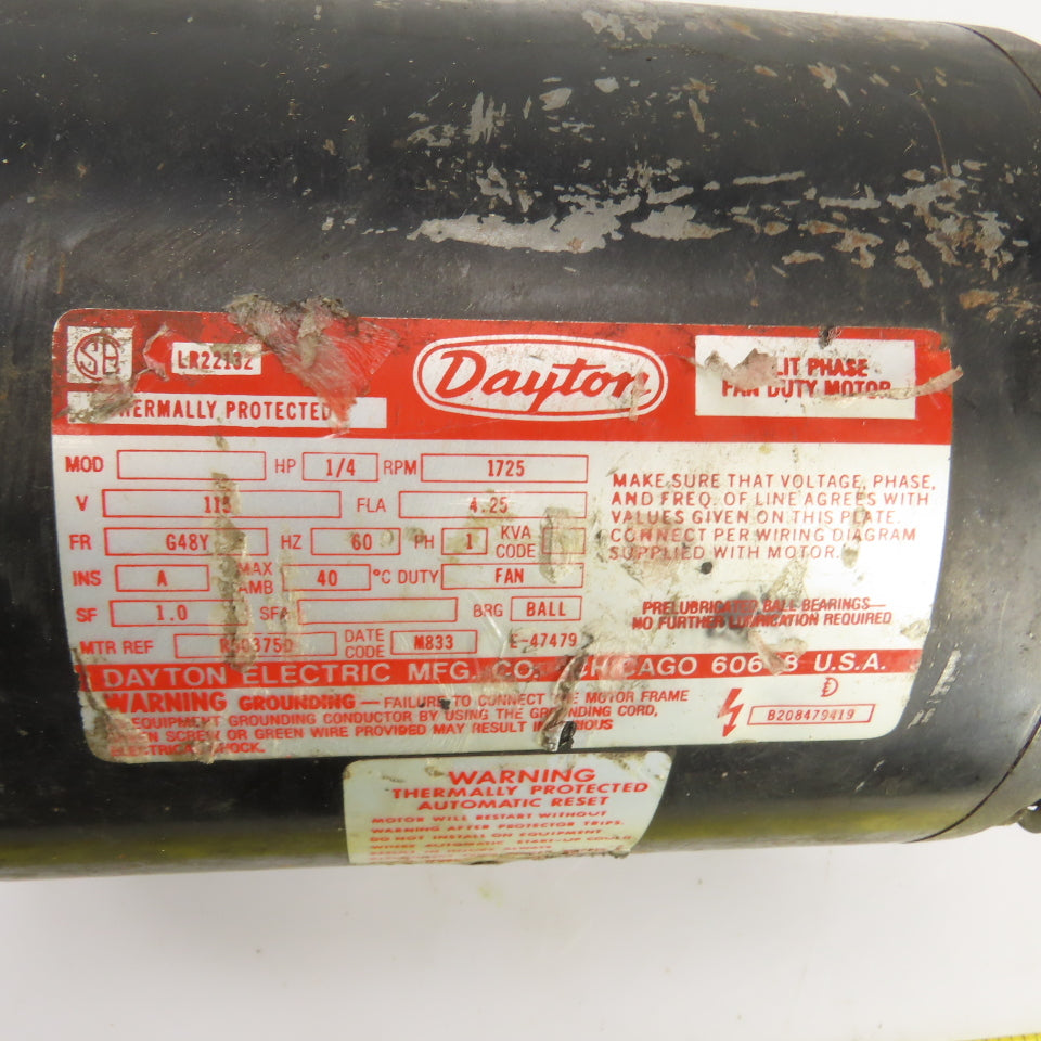 Dayton 1/4HP Electric Fan Duty Motor 1725RPM 115V 1PH 4.25A G48Y Frame