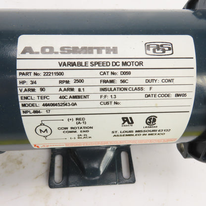 A.O. Smith 22211500 D059 3/4HP DC Variable Speed DC Motor 2500RPM 90V 56C Frame