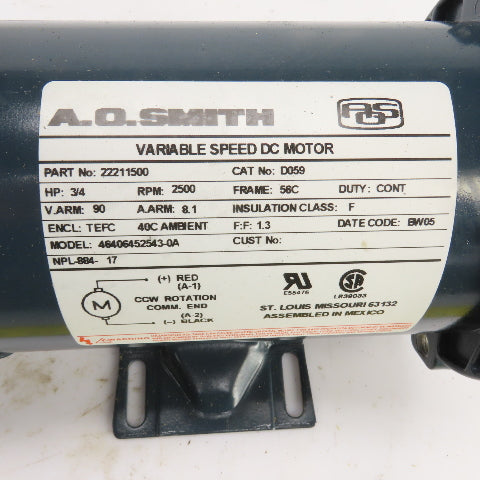 A.O. Smith 22211500 D059 3/4HP DC Variable Speed DC Motor 2500RPM 90V 56C Frame