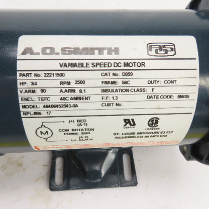 A.O. Smith 22211500 D059 3/4HP DC Variable Speed DC Motor 2500RPM 90V 56C Frame