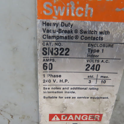 ITE SN-322 240V 60A Fusible 2 Pole Safety Disconnect Switch Type 1