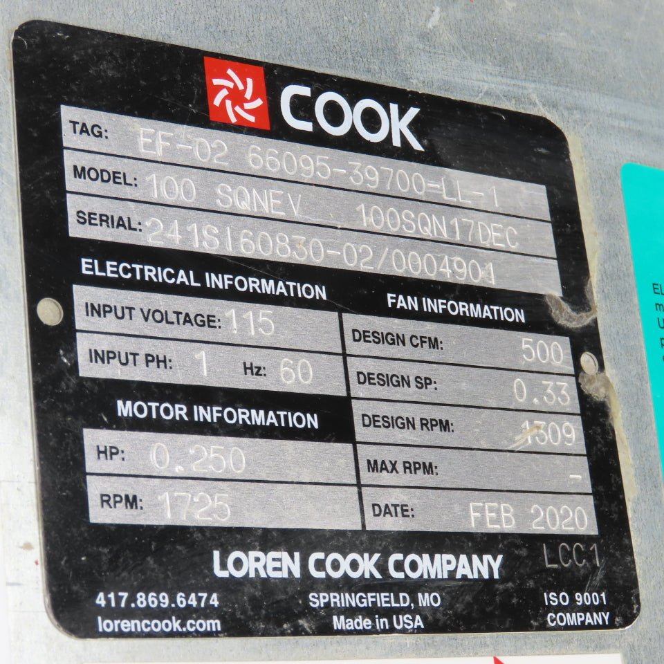 Loren Cook 100-SQNEV Square Inline Centrifugal Fan 1/4HP 1725RPM 115V 1PH 500CFM