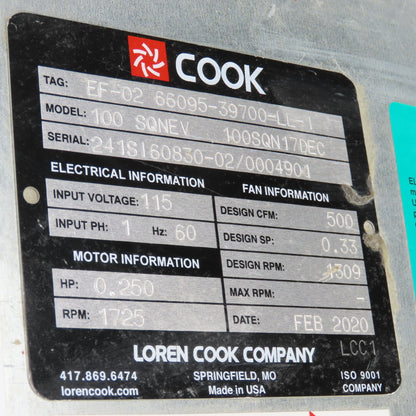 Loren Cook 100-SQNEV Square Inline Centrifugal Fan 1/4HP 1725RPM 115V 1PH 500CFM