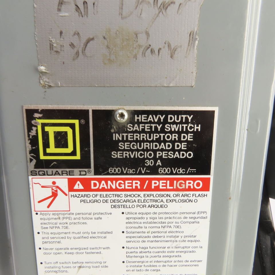 Square D HU361 30A Non-Fusible Heavy Duty Safety Disconnect Switch 600V AC/DC