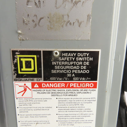 Square D HU361 30A Non-Fusible Heavy Duty Safety Disconnect Switch 600V AC/DC