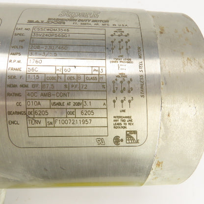 Baldor CSSEWDM3546 1HP Washdown Duty Electric Motor 230/460VAC 1760RPM 56C Frame