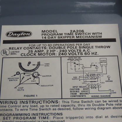 Dayton 2A206 Program Timer Switch Relay W/14 Day Skipper Mechanism 240V 25A 2HP