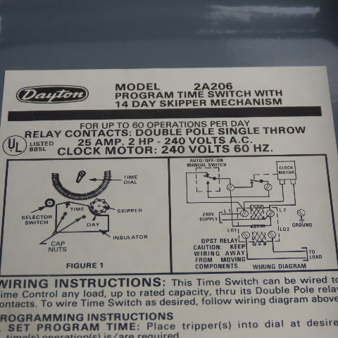 Dayton 2A206 Program Timer Switch Relay W/14 Day Skipper Mechanism 240V 25A 2HP