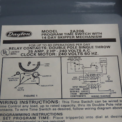 Dayton 2A206 Program Timer Switch Relay W/14 Day Skipper Mechanism 240V 25A 2HP
