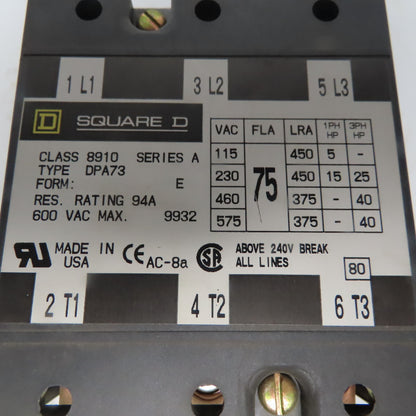 Square D  8910 DPA73 E Ser A Definite Purpose Contactor 40Hp 3 Pole 24V Coil