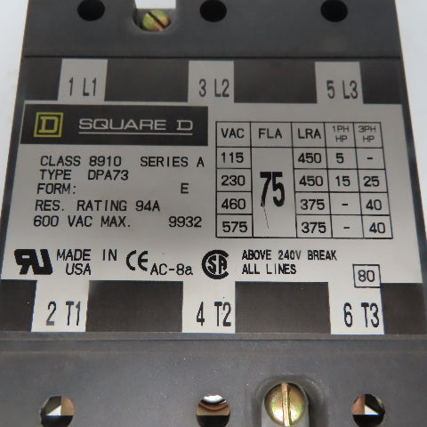 Square D  8910 DPA73 E Ser A Definite Purpose Contactor 40Hp 3 Pole 24V Coil