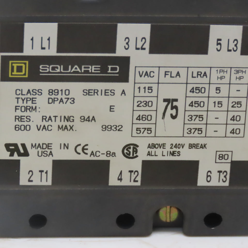 Square D  8910 DPA73 E Ser A Definite Purpose Contactor 40Hp 3 Pole 24V Coil