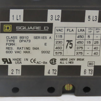 Square D  8910 DPA73 E Ser A Definite Purpose Contactor 40Hp 3 Pole 24V Coil