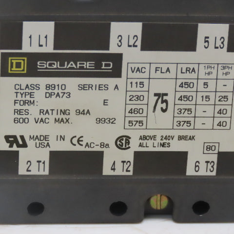 Square D  8910 DPA73 E Ser A Definite Purpose Contactor 40Hp 3 Pole 24V Coil