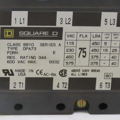 Square D  8910 DPA73 E Ser A Definite Purpose Contactor 40Hp 3 Pole 24V Coil