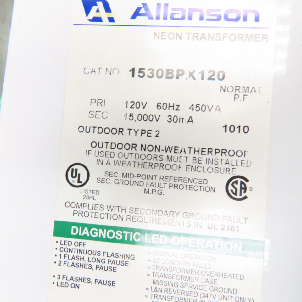 Allanson 1530BPX120 120V Primary 15,000V 30mA Secondary 450VA Neon Transformer
