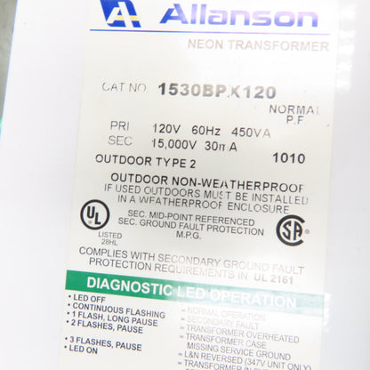 Allanson 1530BPX120 120V Primary 15,000V 30mA Secondary 450VA Neon Transformer