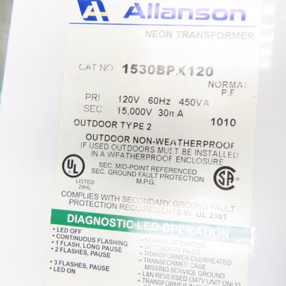 Allanson 1530BPX120 120V Primary 15,000V 30mA Secondary 450VA Neon Transformer
